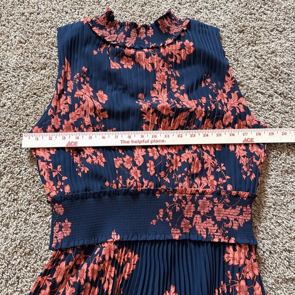 Nanette Nanette Lepore Navy & Coral Floral Smocked Pleated Midi Dress Size 14 - Picture 6 of 8